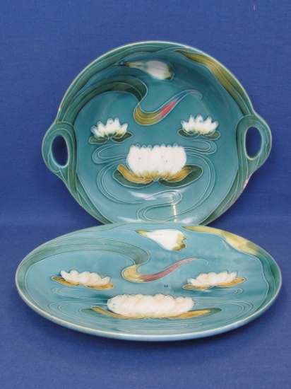 German Majolica Plate & Bowl – Blue with Water Lilies – Plate is 11 1/4” in diameter