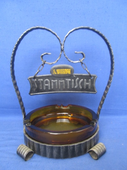 German Cigarette Advertising – Stammtisch Cigar & Cigarette Ashtray -  Wrought Iron with Pewter Sign