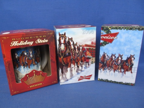 3 Budweiser Holiday Steins in Original Boxes 2005, 2008 & 2009
