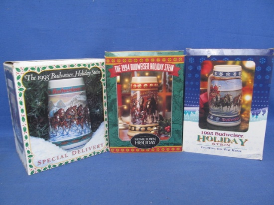3 Budweiser Holiday Steins in Original Boxes 1993, 1994, 1995