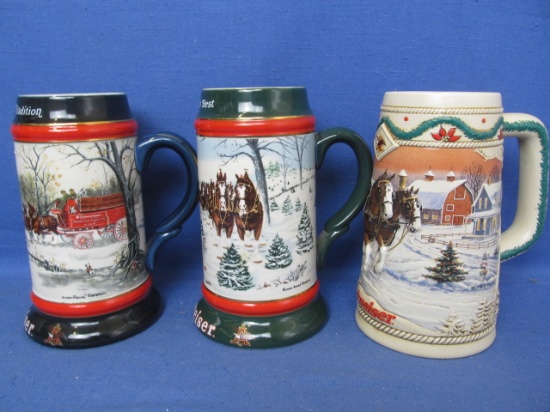 3 Budweiser Holiday Mugs: 1990, 1991 Collector's Series & 1996 “American Homestead”