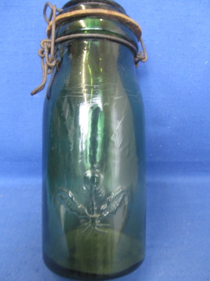 Vintage Milk Bottle/Bale Jar – Green w/ Glass Lid – Embossed with a Scottish Thistle on Lid & Front,
