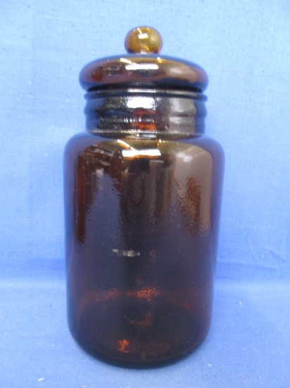 Textured Brown Glass Covered Apothecary? Jar (Unknown glass mark on bottom) 10 1/2” T w/ lid 4 3/4”