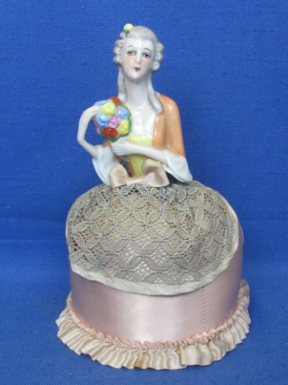 Porcelain Half Doll Pincushion – 7 1/2” tall – No marks on visible porcelain