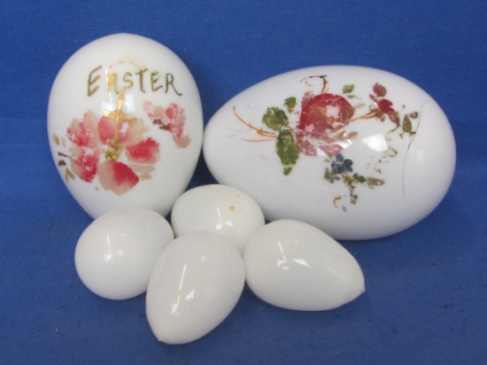 Antique Milk Glass Easter Eggs – 2 Large ones are Hand Painted – Largest is 6” long