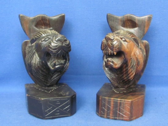 Carved Wood Bookends – Snarling Lion Heads – 8” tall – Quite Heavy