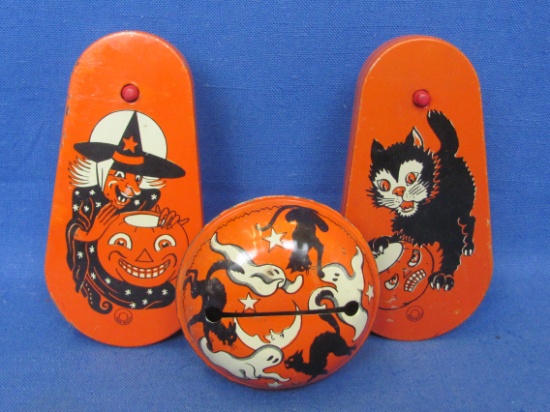 3 Vintage Tin Halloween Noisemakers – Black Cat – Witch – Ghosts – Made in USA