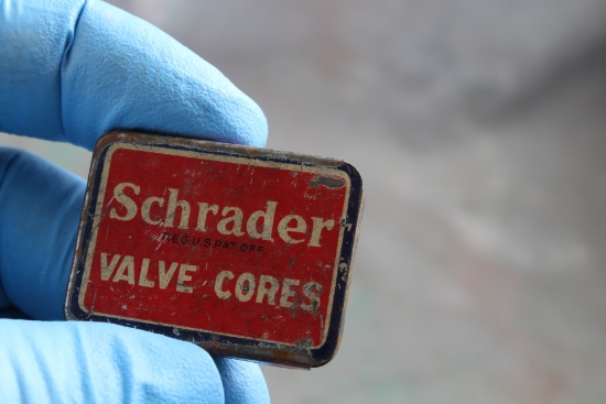 Vintage SCHRADER Valve Cores Metal Tin Contains (3) Valve Cores