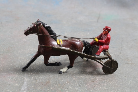 1950's Toy Jockey Horse Drawn Sulky Cart Harness Racing Measures 4 3/4" Long