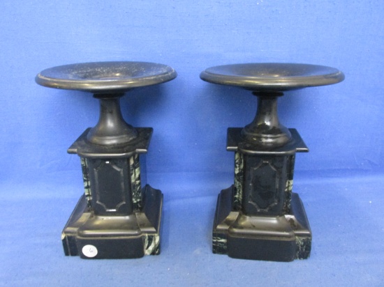 Pair Of Large Candle Holders – Black & Green Stone Veneered With Metal Accents – 9 1/4”H x 6 3/4”W -