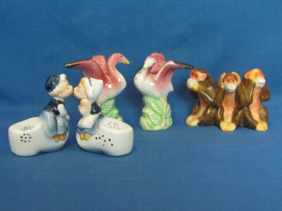 3 Ceramic Salt & Pepper Shakers Sets – Made in Japan – Monkeys have repair – Pink Flamingos