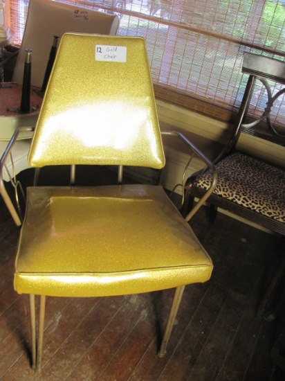 Gold Vinyl Gold Chair With Metal Arms & Legs – Back 34” H – Seat 17 1/2” T – As Shown