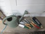 Box Of Garden Hand Tools – Plastic Watering Can & Thermometer – As Shown
