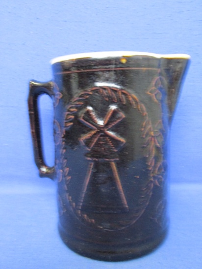 Vintage – Burley Winter Pottery - 8 1/2” Brown Glaze Stoneware Pitcher - Man Smoking Pipe & Windmill