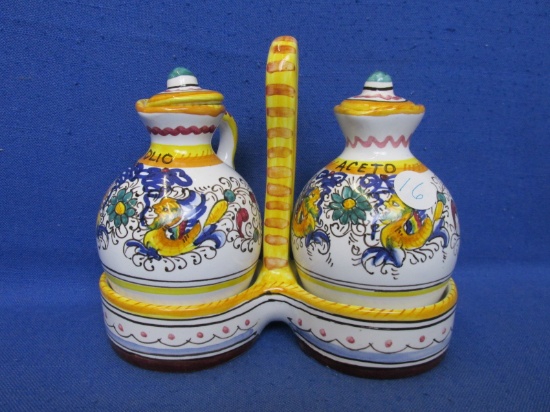 Tesori Italian Pottery - Raffaellesco Pattern - Oil & Vinegar Set In Caddie 6”H x 7”W x 3 1/4” -