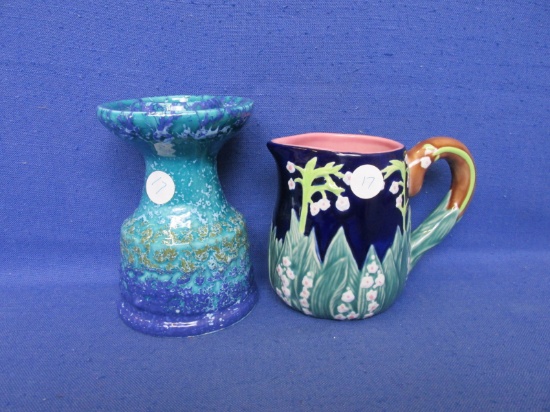 Lot Of 2 Ceramic Items – 4 1/2” Pitcher With Majolica Lily of The Valley Pattern & 5 1/2” Candlestic