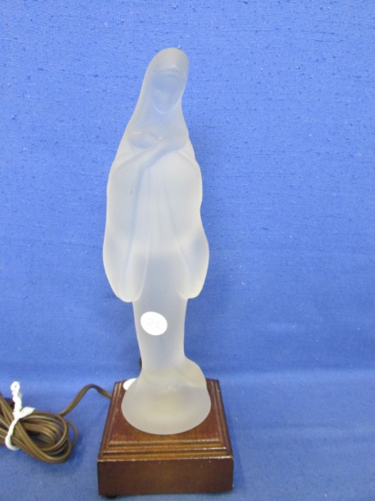 Vintage – Wood Base Light For A 9 3/4” Frosted Statue Lady Madonna In Repose – Very Beautiful -