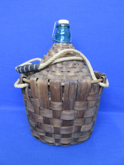 Vintage – Green Glass Wine Bottle In Hand Woven Wicker Basket With Jute Handle – 14”H x 10 1/4”W -