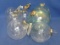 Round Glass Ornaments – 2 Blue are 5” in diameter – Clear ones have engraved Designs