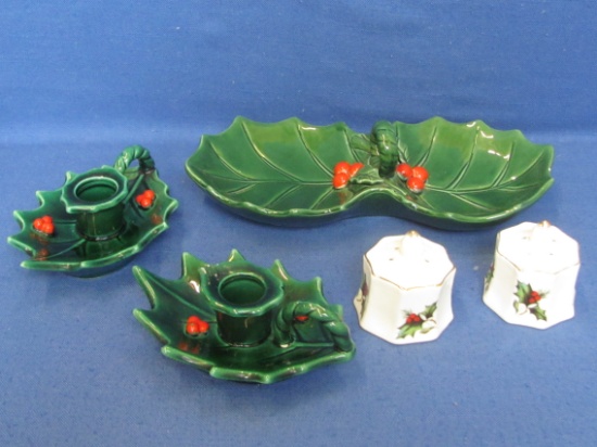 Vintage Lefton Green Holly Relish Tray & Pair of Candle Holders + Bone China Salt/Pepper Shakers