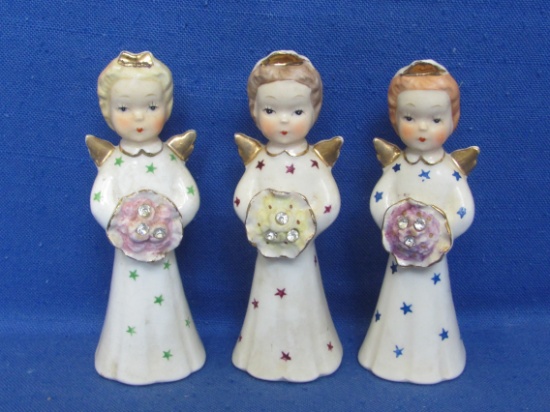 3 Vintage Ceramic Angel Figurines – Different colored bouquets w Rhinestones – 4 3/4” tall