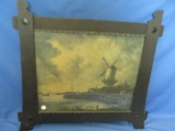 Vintage Print of Windmill & Ships (Delft Blue) in a Frame 21 1/2” T x 24” W