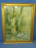 Print of Lady watching Swans – Nice Vintage Frame 18 1/2” T x 14 1/2” W