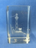Glass Paperweight – Interior 3-D Etched image: Light house & Lightning Bolt