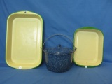 Vintage Enamelware: Green & White Pans & Blue & White Speckle Covered Kettle