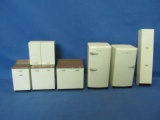 Doll House Furniture 8 Pieces – White Plastic – Cabinets, Cupboards & 2 1950's GE Refrigerators