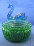 Blue & Green Flashed Jeanette pattern Swan Powder Jar -5” T x 4 1/2” DIA