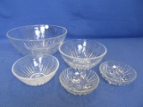 5 Misc. Clear Glass  Bowls – 3 are nestng 5 1/2” 7” & 10” & 2 are 4 1/2” DIA Footed Mint Dishes