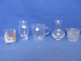 5 Assorted Small Clear Glass: Schott Mainz Jena Cup, 2 Vases, 1 made in Poland & 2 Votives