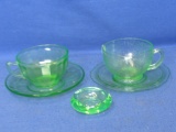 5 Pieces of Vintage Green Glass:2 Cup & Saucers Sets & a 2” round Ashtray