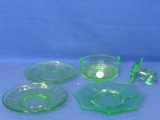 5 Pieces of Vintage Green Glass: 3 6” Plates a 4 1/4” DIA Bowl & a 3” Tall Mushroom
