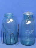Canning Jars: 2 Blue Ball – 1  Perfect Mason with metal cage & 1 Ball Ideal w/Glass Top & Bale