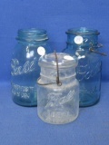 Canning Jars: 2 Blue Ball - 1 Perfect Mason & 1 Ideal  - & 1 Clear Ball Ideal w/ Glass Top