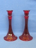 Pair of Ruby Red Candlesticks by Indiana Glass – 7 1/2” tall – Very good condition