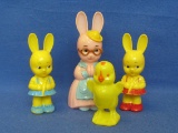 4 Vintage Knickerbocker Hard Plastic Easter Toys – Bunny Rabbits are Rattles – Tallest is 6”
