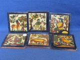 6 Terracotta Tiles – Animals & People – Made in Mexico – 4” square – Cobalt Blue Border