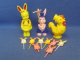 Vintage Hard Plastic Easter Toys: Rabbit w Rake by Rosen - 2 Rattles by Irwin