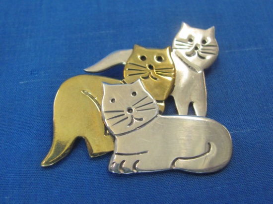 Sterling Silver Pin/Brooch – 3 Cats – Made in Mexico – 1 1/2” wide – 16.3 grams