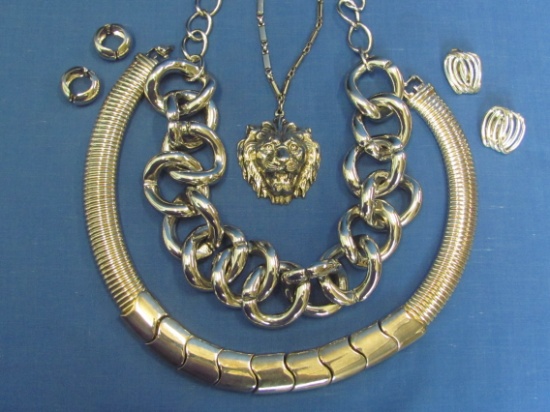 Silvertone Jewelry Lot: Chain Necklace by Chicos – Lion Head by Accessocraft – Clip-on Earrings