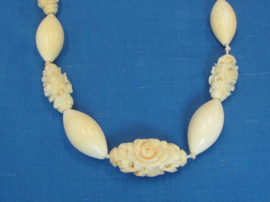 Vintage Bone Necklace – 7 Carved Rose Beads – 31” long – Nice Color