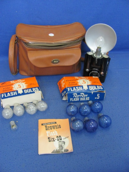 Brownie Flash Six-20 Camera with 2 Boxes No. 5 Bulbs, Instructions & Case