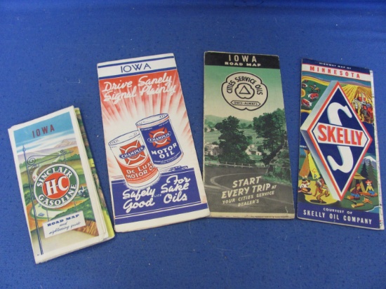 4 Colorful Vintage Road Maps 1940's –MN Skelly & Iowa (Sinclair), (Champlin), (Cities Servies)