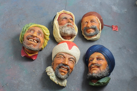 5 Bossons England Chalkware Heads Persian, Kurd, Himalayan, Sikh - 1960's