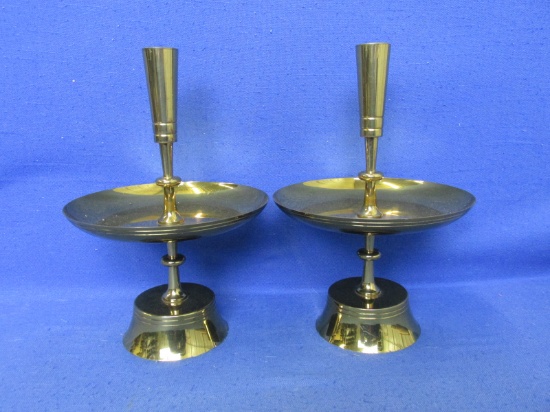 Pair Of Brass 5 3/4”H Solitary Candlestick w/Mint Tray 6 5/8”Diameter - q*R Marking #75 – Skultuna?