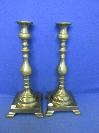 Pair Of 13 1/4”H Brass Candlestick 5 1/4” x 5 1/4” Footed Base 2 1/4” Turned Out Top – Heavy -