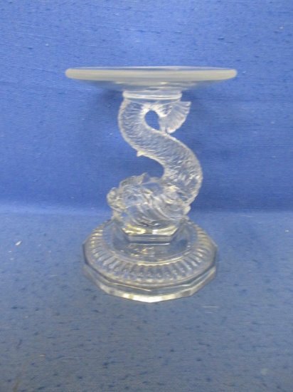 5 1/4” Pillar Clear Glass Candlestick Dolphin Design (Mosser Or Westmoreland?) - Unique -
